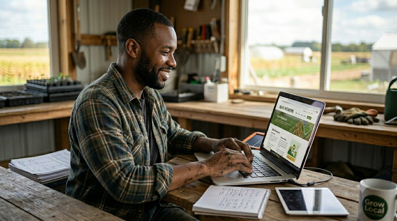 farmer on computer Farmer on computer using USDA digital tools